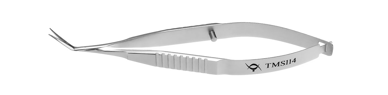 TMS114 НОЖНИЦЫ ОФТАЛЬМОЛОГИЧЕСКИЕ ДЛЯ ПЕРЕДНЕЙ КАМЕРЫ  ИЗОГНУТЫЕ ПОД УГЛОМ, СТАЛЬНЫЕ